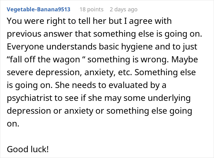 Reddit comment discussing woman blaming sexism for job rejection and receiving a blunt reality check from her sister.