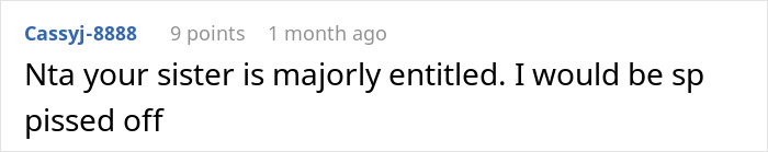 Screenshot of a Reddit comment discussing an entitled sister hijacking a road trip and expecting babysitting. Screenshot of a Reddit comment discussing an entitled sister hijacking a road trip and expecting babysitting.
