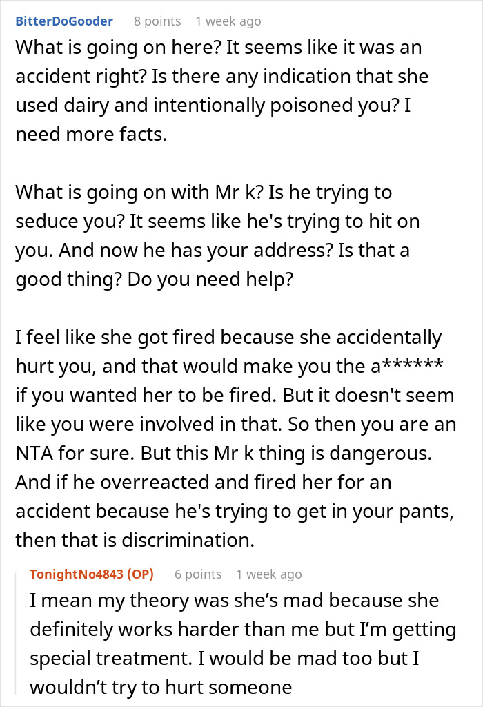 Screenshot of a Reddit conversation discussing an intern hospitalized after coworker brought cupcakes and pressured them to eat.