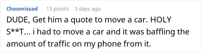 Comment on Reddit about a boss making life difficult for a grieving employee, mentioning moving a car and unexpected phone traffic.