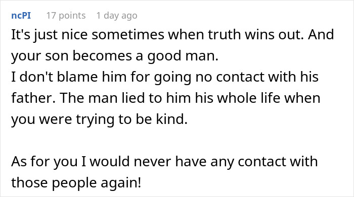 Comment about a dad lying to his son about divorce reasons, with the ex-wife revealing the truth years later.
