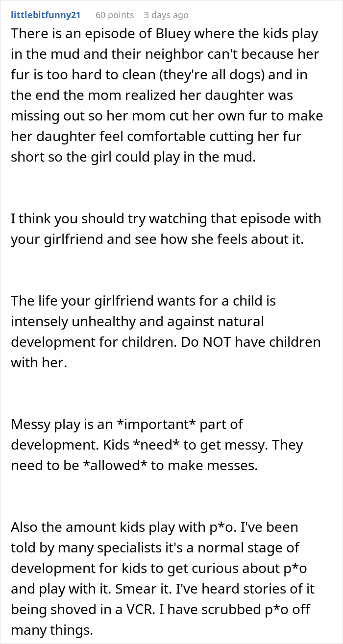 Reddit comment discussing messy play as important for toddler development and natural behavior despite cleanliness concerns.