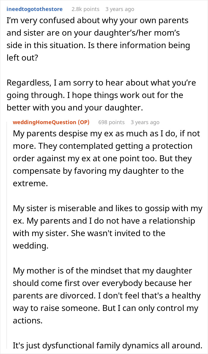 Reddit comments showing man ruining relationship with daughter after refusing her wedding in his yard.