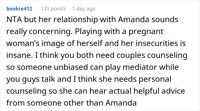 Comment discussing concerns about a man giving a pregnant girlfriend an ultimatum over her insecurities in their relationship.