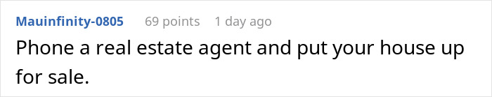 Text message on a phone screen from Mauinfinity-0805 advising to call a real estate agent to sell a house.