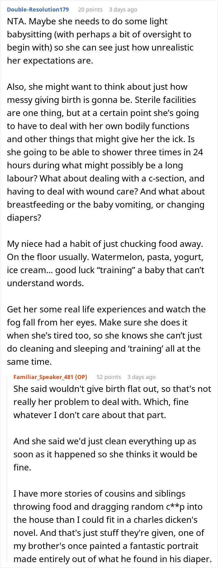 Reddit conversation discussing how unrealistic it is to expect a clean toddler and parenting challenges.
