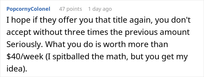 Reddit comment discussing job title offer and worth, reflecting on colleague who stole job and caused life difficulties. Reddit comment discussing job title offer and worth, reflecting on colleague who stole job and caused life difficulties.