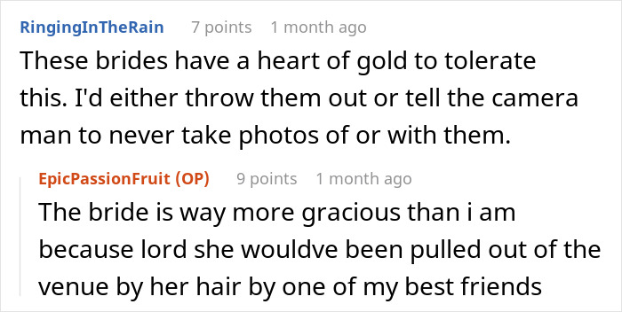 Screenshot of Reddit comments discussing brides' reactions to a groom's brother's girlfriend wearing a sage green dress.