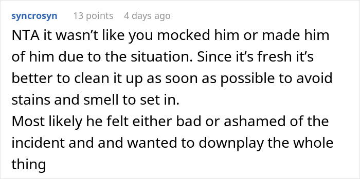 Comment discussing a man who wets the bed, advising to clean quickly to avoid stains and noting feelings of shame and downplaying the incident.