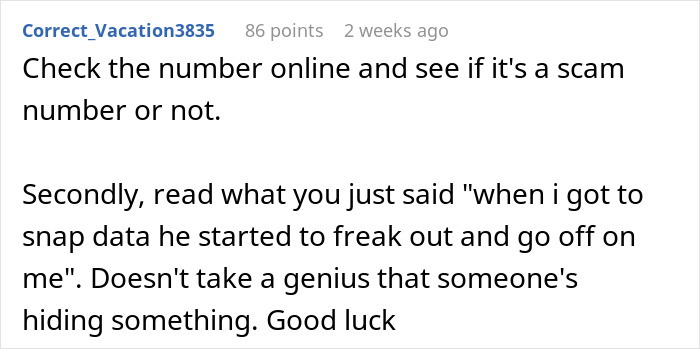 Comment advising to check a number online for scams and noting fianc&eacute;'s suspicious behavior as gut feeling suggests.