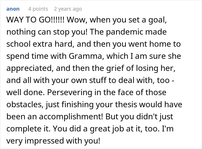 Comment praising a graduate's perseverance through pandemic, grief, and completing a thesis despite obstacles.