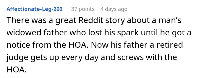 Screenshot of a Reddit comment describing a man&rsquo;s retired judge father fighting back against a petty HOA dispute.
