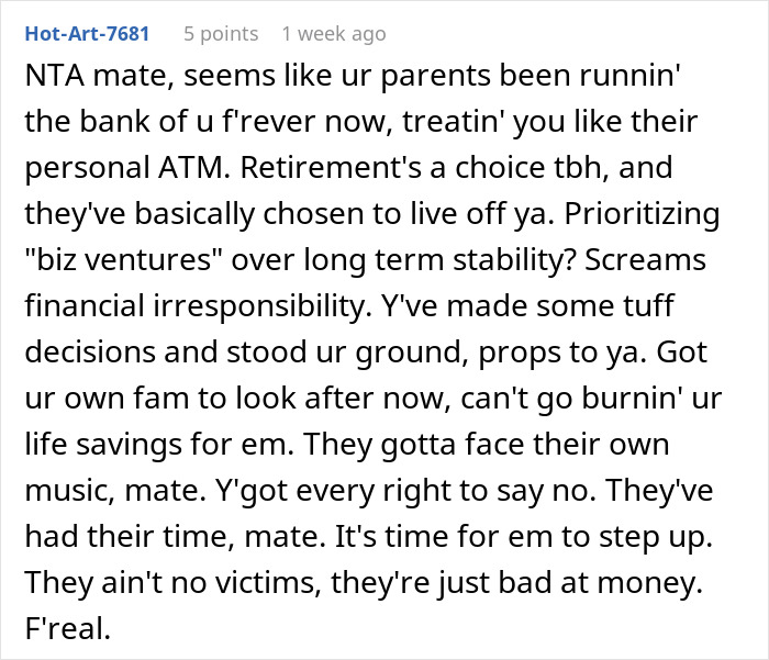 Comment discussing elderly parents expecting daughter support after squandering savings on risky business schemes. Comment discussing elderly parents expecting daughter support after squandering savings on risky business schemes.