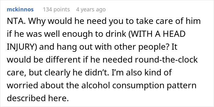 Comment discussing boyfriend throwing tantrum despite head injury, questioning his need for care and alcohol use concerns.