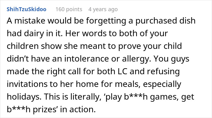 Comment discussing grandma denying 7YO&rsquo;s lactose intolerance, causing family drama over dietary concerns.