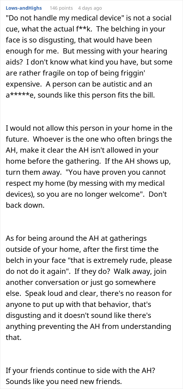 Comment discussing consequences of grabbing hearing aids and handling neurodivergent friend at social gatherings.