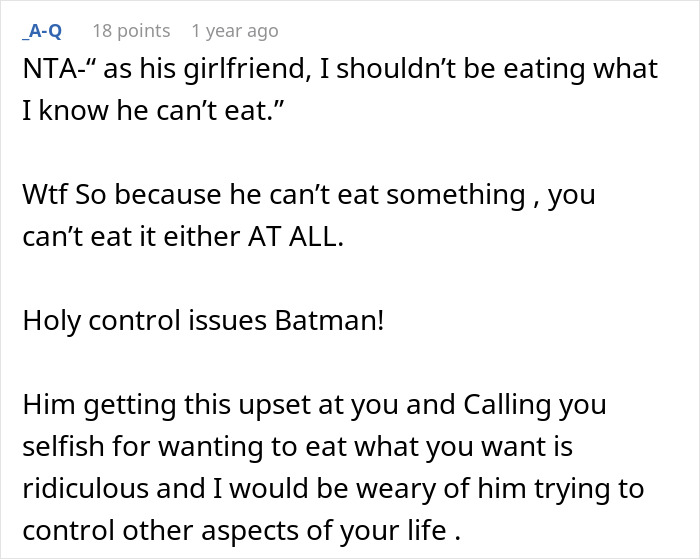 Man upset girlfriend bought herself a peanut butter cake to eat at work while he cannot eat it.