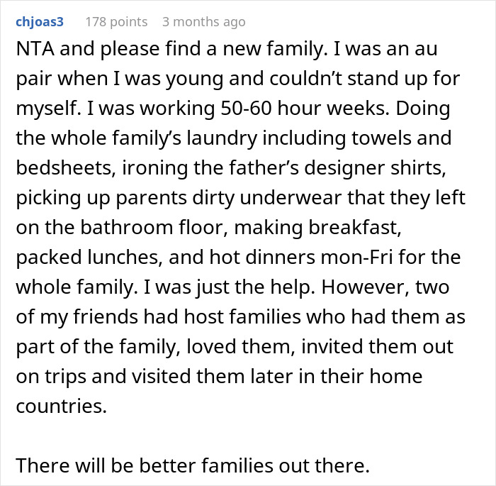 Comment discussing challenges faced by a 19-year-old nanny working long hours and treated as just help.