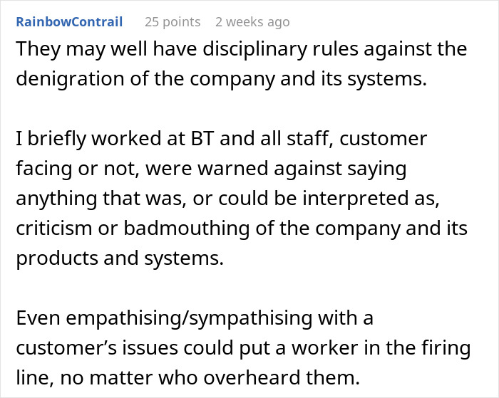 Comment warning that workers faced discipline for criticizing company systems or empathizing with customers' issues.