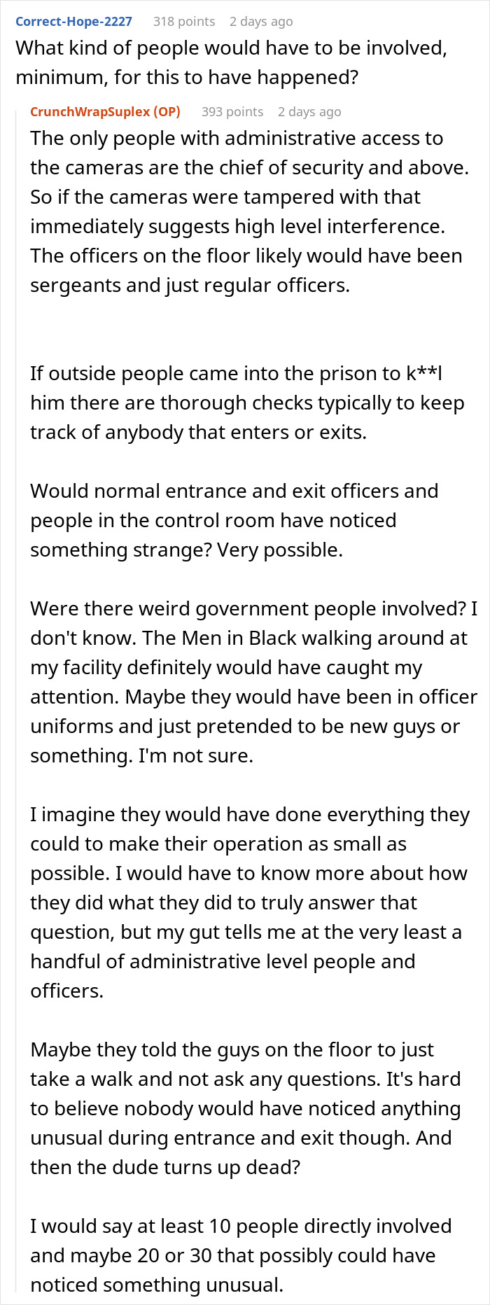 Text excerpt from a prison officer discussing suspicions about Epstein&rsquo;s death and potential high level interference.