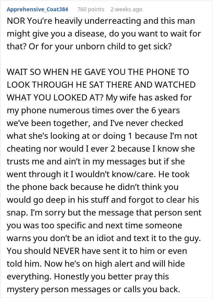 Screenshot of a detailed online comment discussing concerns about fianc&eacute;&rsquo;s suspicious text and trust issues.