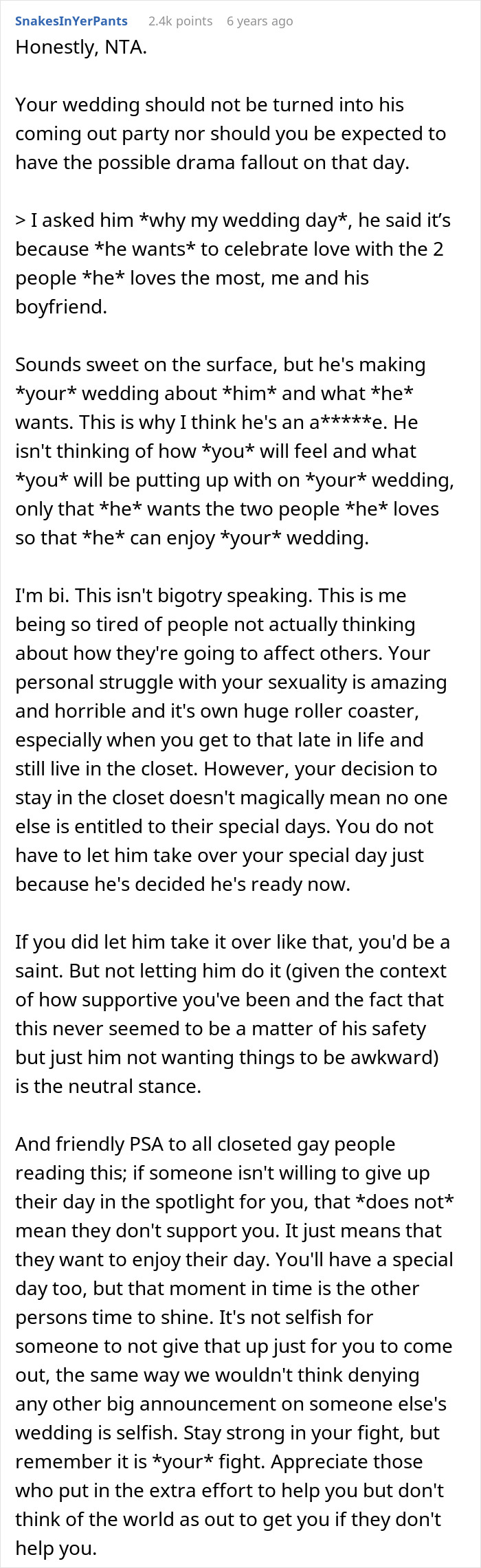Text discussing a man urging his gay brother to come out for years but refusing to let him do so at his wedding. Text discussing a man urging his gay brother to come out for years but refusing to let him do so at his wedding.