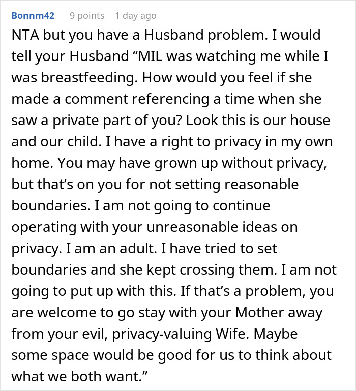 Reddit comment discussing privacy boundaries after mom disables MIL&rsquo;s baby cam access due to constant spying concerns.
