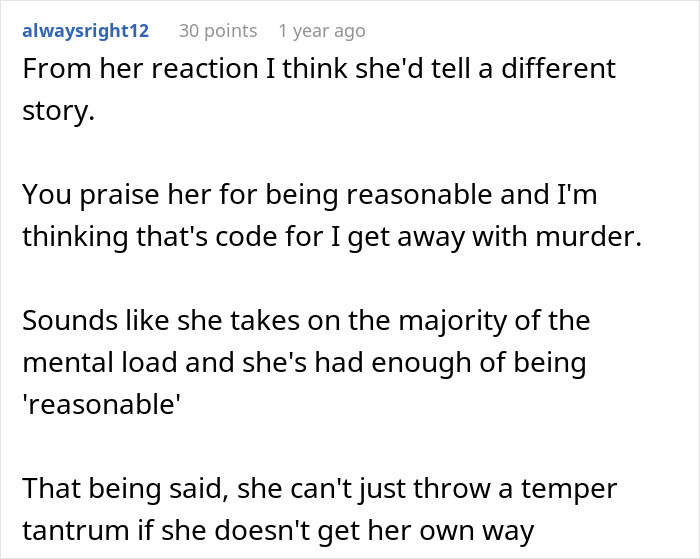 Comment discussing a wife proving her husband wrong after he said she couldn&rsquo;t do it without him.