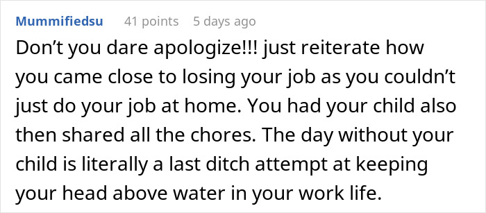 Comment from working mom defending job struggles and challenges with once-a-week daycare and balancing chores at home. - 36