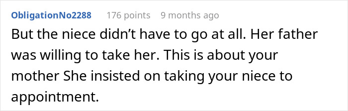 Screenshot of a Reddit comment discussing a man stuck taking his 2YO niece to a doctor appointment after babysitter issues.