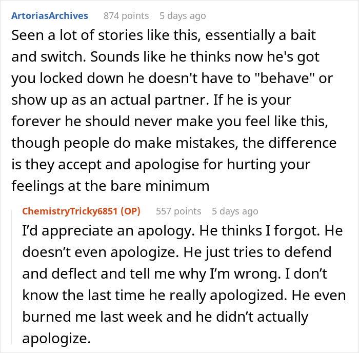 Screenshot of an online discussion about a woman saying her husband has become a different person since their wedding.