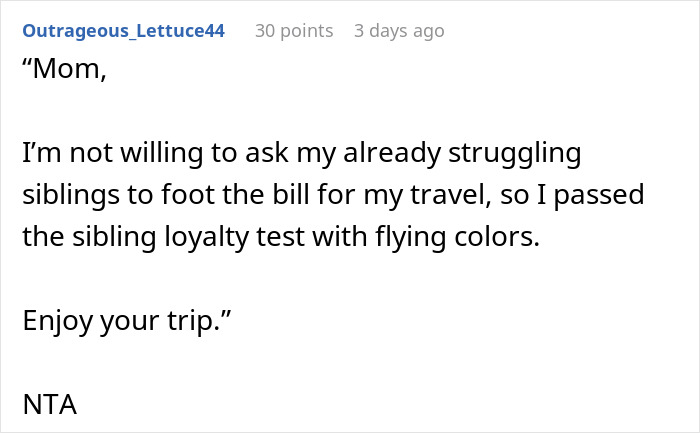 Text message showing a woman refusing to join a Christmas gift trip if her siblings must pay for her flight.