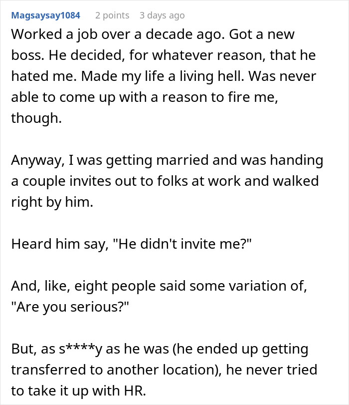Text excerpt from a work story about a coworker not invited to a wedding and being reported to HR.