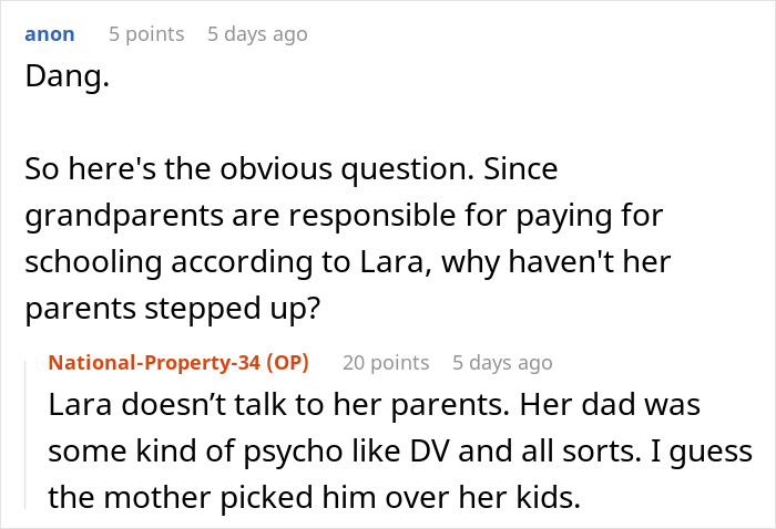 Screenshot of a discussion about a woman explaining reasons her grandparents don&rsquo;t see her due to family issues.