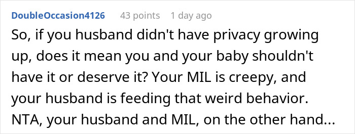 Comment discussing privacy concerns after mom disables MIL&rsquo;s baby cam access due to spying behavior.