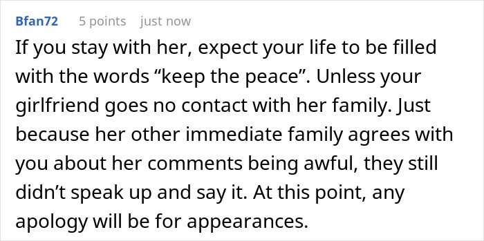 Comment discussing family conflict and racist insults leading to a woman leaving in tears after a dinner argument.