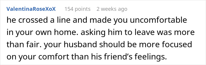 Comment discussing how a friend&rsquo;s compliment made someone uncomfortable, with wife insisting husband find hotel.