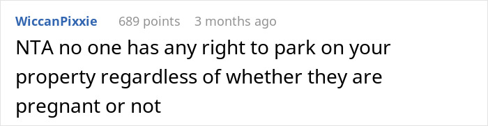 Comment on social media discussing young woman threatening cops and pregnant woman rights about parking on property.