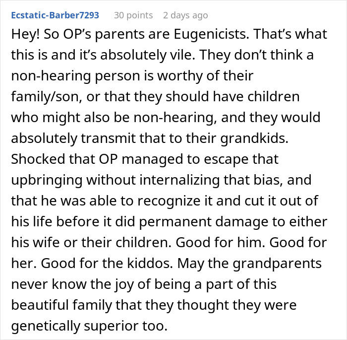 Comment discussing a man defending his wife, cutting off his parents, and reacting to suggestions of reconnecting.