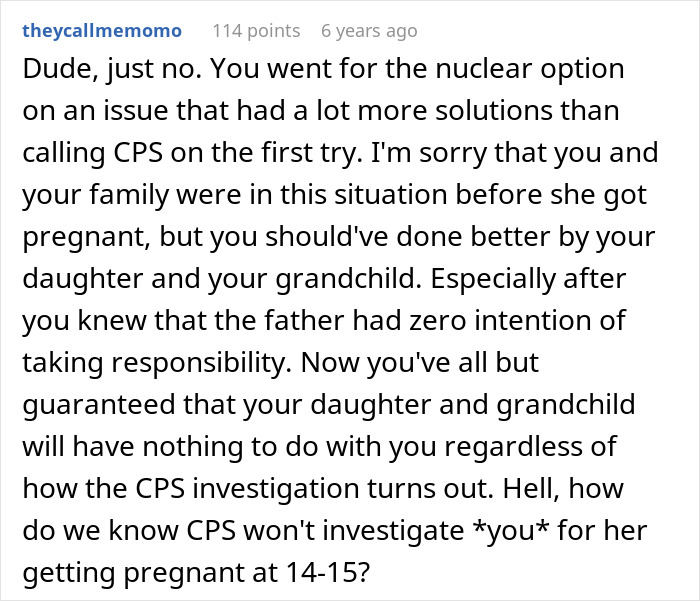 Comment discussing a dad confessing why he called CPS on his teen daughter amid family and responsibility issues.