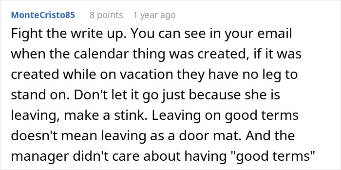 Text comment discussing fighting a write-up after Emokoyee misses a meet and receives a formal reprimand from her boss.