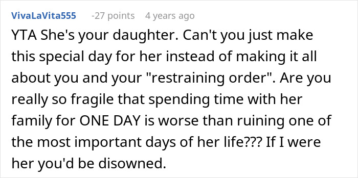 Alt text: Comment discussing man ruining relationship with daughter by refusing her wedding in his yard, expressing strong disapproval.