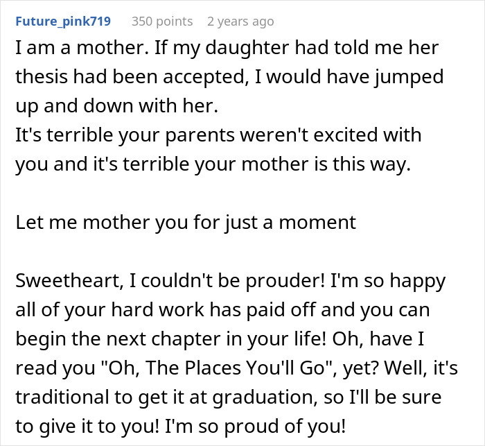 Comment expressing support for a graduate feeling crushed after mom&rsquo;s lack of belief and excitement.