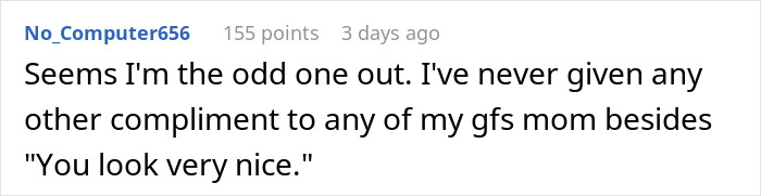 Screenshot of a Reddit comment discussing a man&rsquo;s compliment to girlfriend&rsquo;s mom sparking a fight between parents.