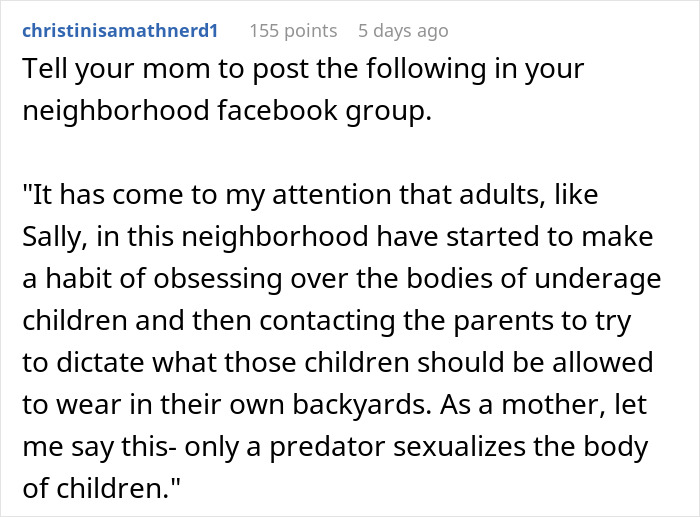Text post discussing concerns about adults obsessing over children wearing bikinis in their own yards.