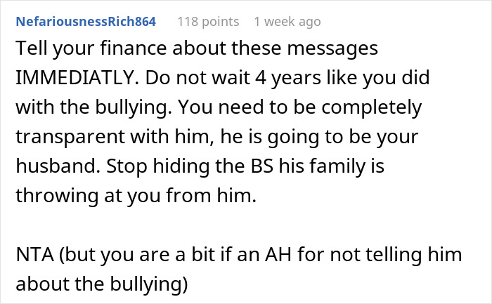 Comment advising to tell fianc&eacute; immediately about family issues to stay transparent before wedding with fianc&eacute; sister invite wedding context.