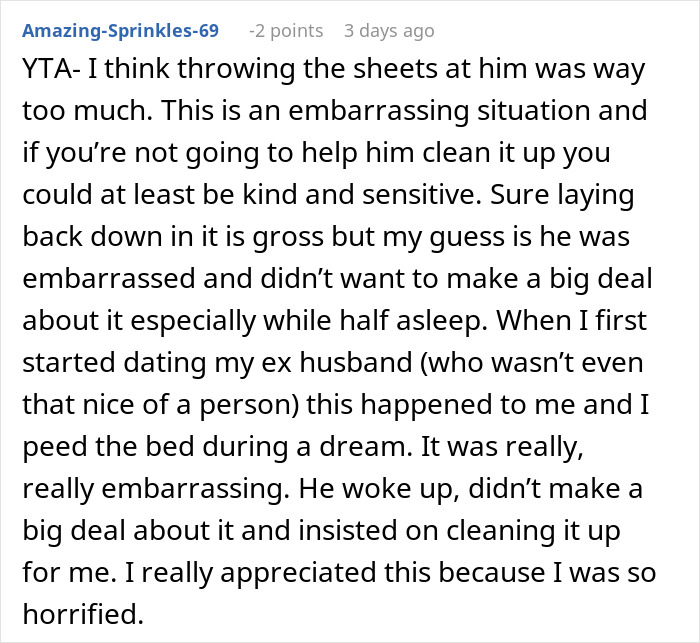 Comment discussing a man wetting the bed and the importance of kindness and sensitivity in the situation.