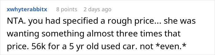 Reddit comment discussing price disagreement when wife tries to show car at dealership but husband drags her out.