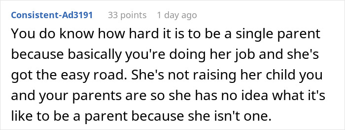 Comment text discussing challenges of a 19-year-old raising sister's kid and being criticized for parenting choices.