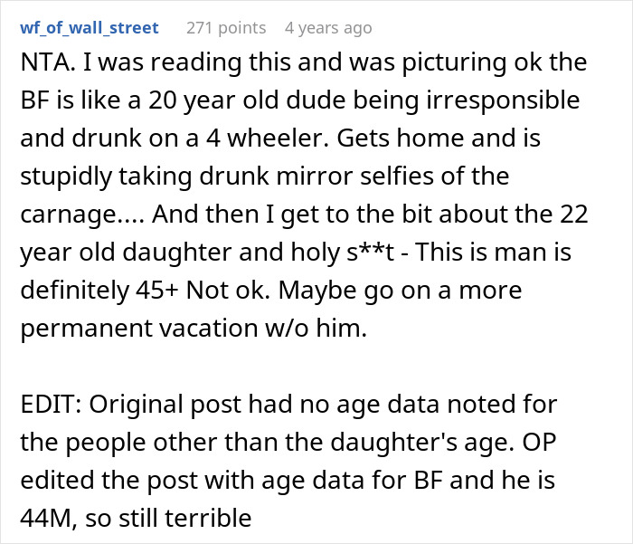 Screenshot of a Reddit comment discussing a boyfriend's tantrum after girlfriend leaves on vacation despite his injury.